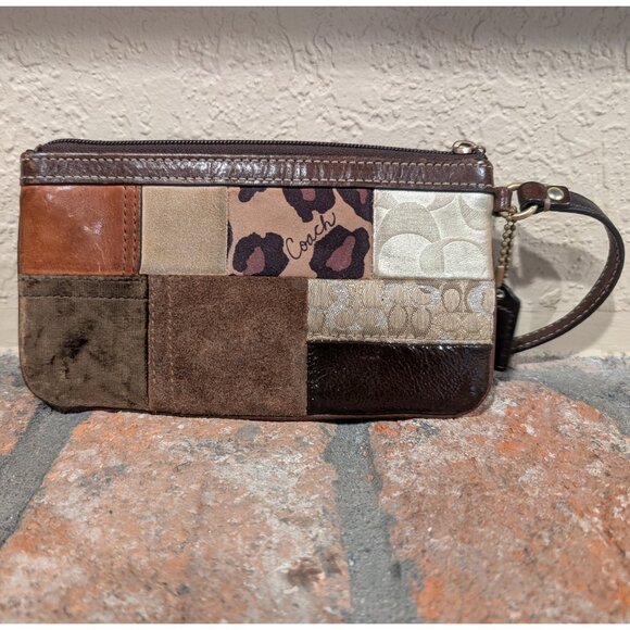 Vintage Coach Brown Suede Leopard Patchwork Wristlet 7"x4" - Picture 3 of 11